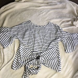 Blue and white striped shirt w/ tied front